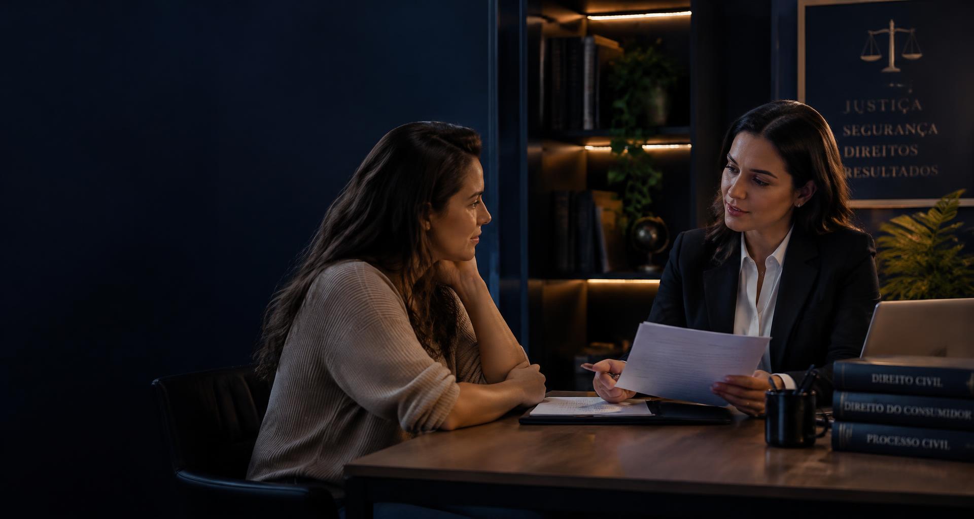 Consumidora conversando com advogada em escritório moderno